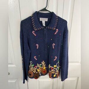 Tiara International 2004‎ Reindeer Full Zip Sweater Women's Size Large Christmas